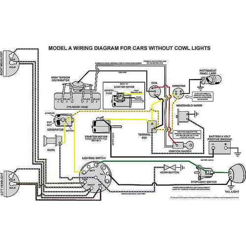 Ford Model A 1928 to 1931 wiring diagram with cowl lamp A14000/1, A-14350-A. 