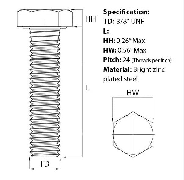 UNF 3/8″ Hex Set Screw (Fully Threaded Bolt) Zinc Plated Grade 8.8 / 5