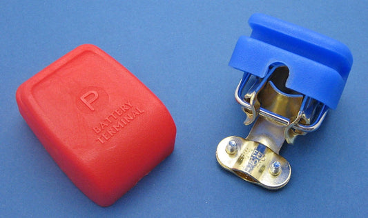 Universal quick release battery terminal with integral covers. Supplied as a pair (one positive, one negative). The terminals are secured onto the battery posts by hinging down the covers. Maximum cable 40mm.