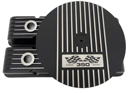 Valve Covers and Air Cleaner Set: SBC 58-86 Short Finned in Black(Aluminium) 350 Logo ** - Belcher Engineering