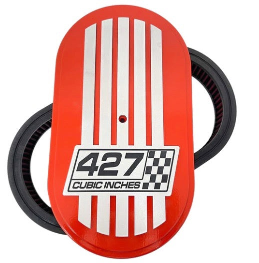 Air Cleaner 15" Oval 427CI Chequered Flag (Chevy Orange) ** - Belcher Engineering