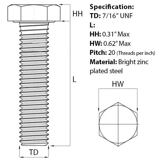 UNF 7/16″ Hex Set Screw (Fully Threaded Bolt) Zinc Plated Grade 8.8 / 5