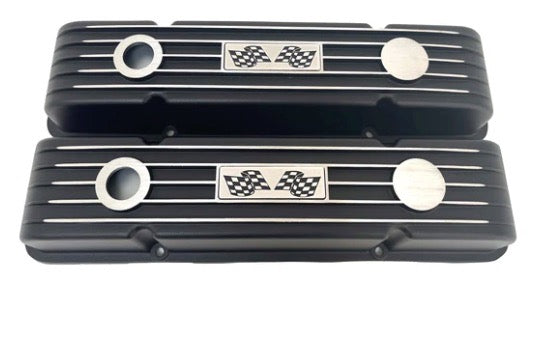 Valve Covers: SBC Black Chevy Chequered Flag Finned** - Belcher Engineering