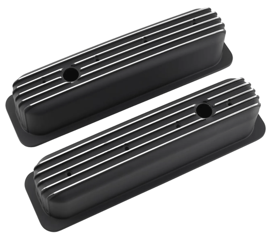 Valve Covers: SBC 87-95 Short Finned in Black (Aluminum) - Belcher Engineering