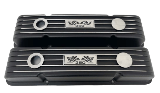 Valve Covers: SBC 58-86 Short Finned in Black (Aluminum) 350 Logo ** - Belcher Engineering
